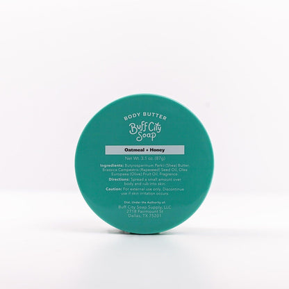 Oatmeal + Honey Body Butter lid with list of ingredients on it